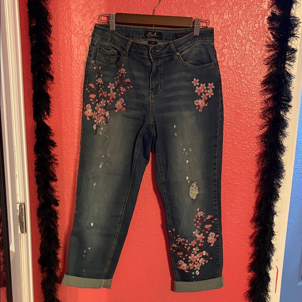 Earl Jeans Dark Blue Floral Embroidered Cropped Jeans - Boyfriend